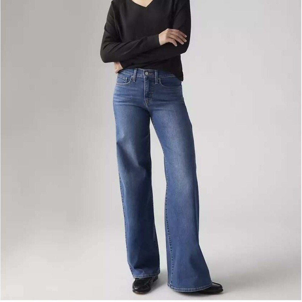 Levis 318 Shaping Wide Leg Jeans Dark Wash Blue High Rise 28x32 Stretch